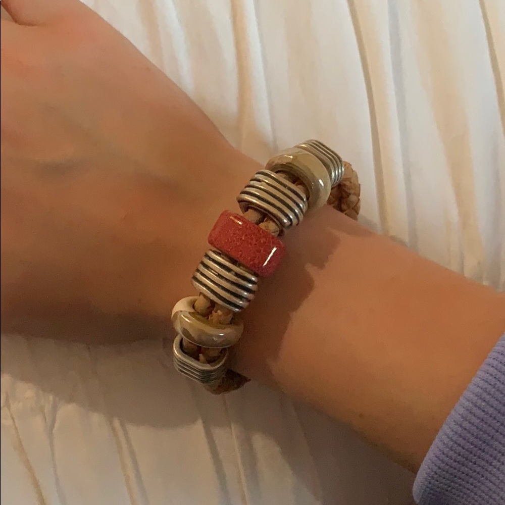 Nordstrom Beaded Leather Bracelet with Red and Silver Accents